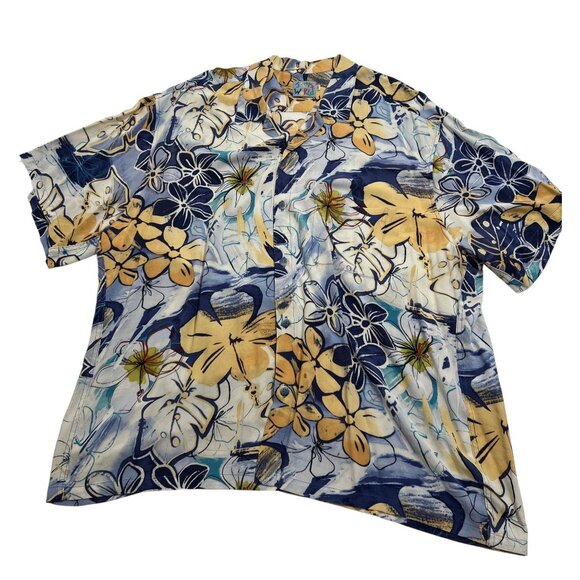 Jams World Vintage Aloha Shirt in Blue Yellow Floral Print - Picture 1 of 4